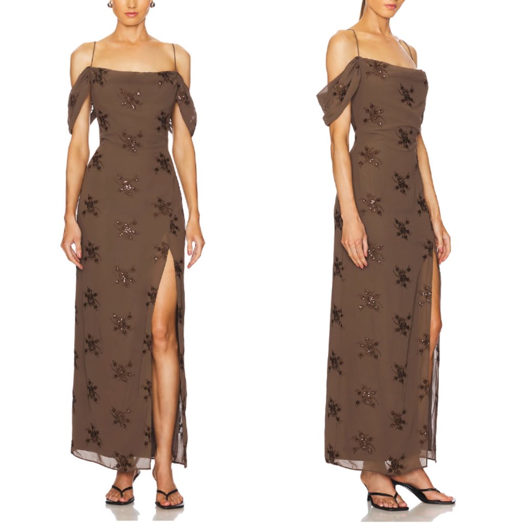 New Lpa Revolve Yvanna Embroidered Maxi Dress Gown Small Brown Cafe Cocktail